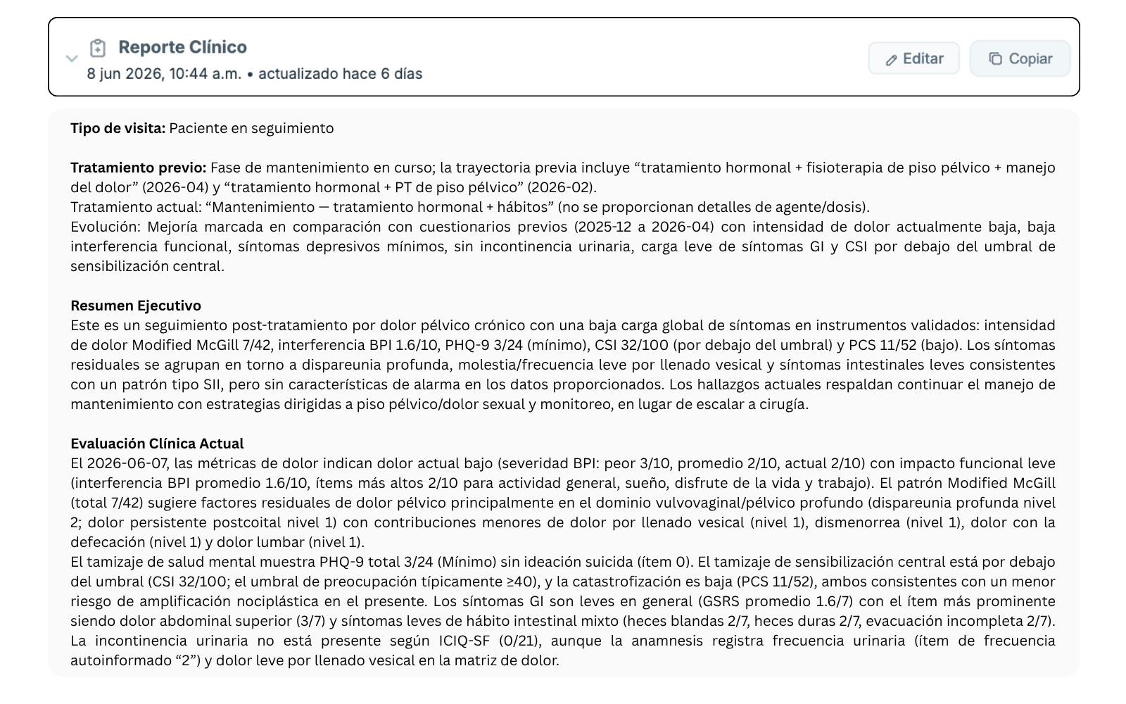 Structured clinical report generated by ClinoView